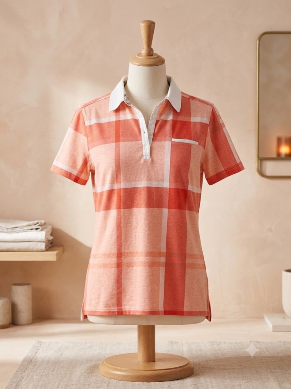 Barbour Women’s Dress Tartan Polo Shirt Orange Coral Plaid Size S**